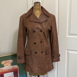 Vintage Guess brown leather peacoat mini trench small boho lined casual Y2K chic